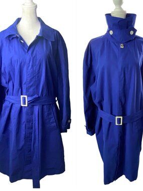 LAUREN RALPH LAUREN Women High Neck Rainwear Pea Coat Midi Trench Sz M Blue c-35